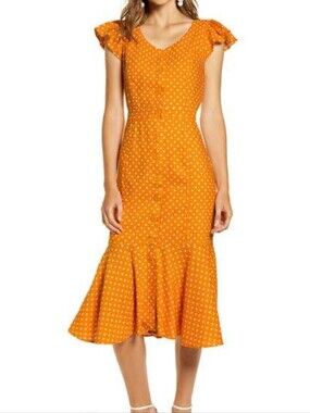 Rachel Parcell - Orange White Polka Dot Linen Midi Dress - Large